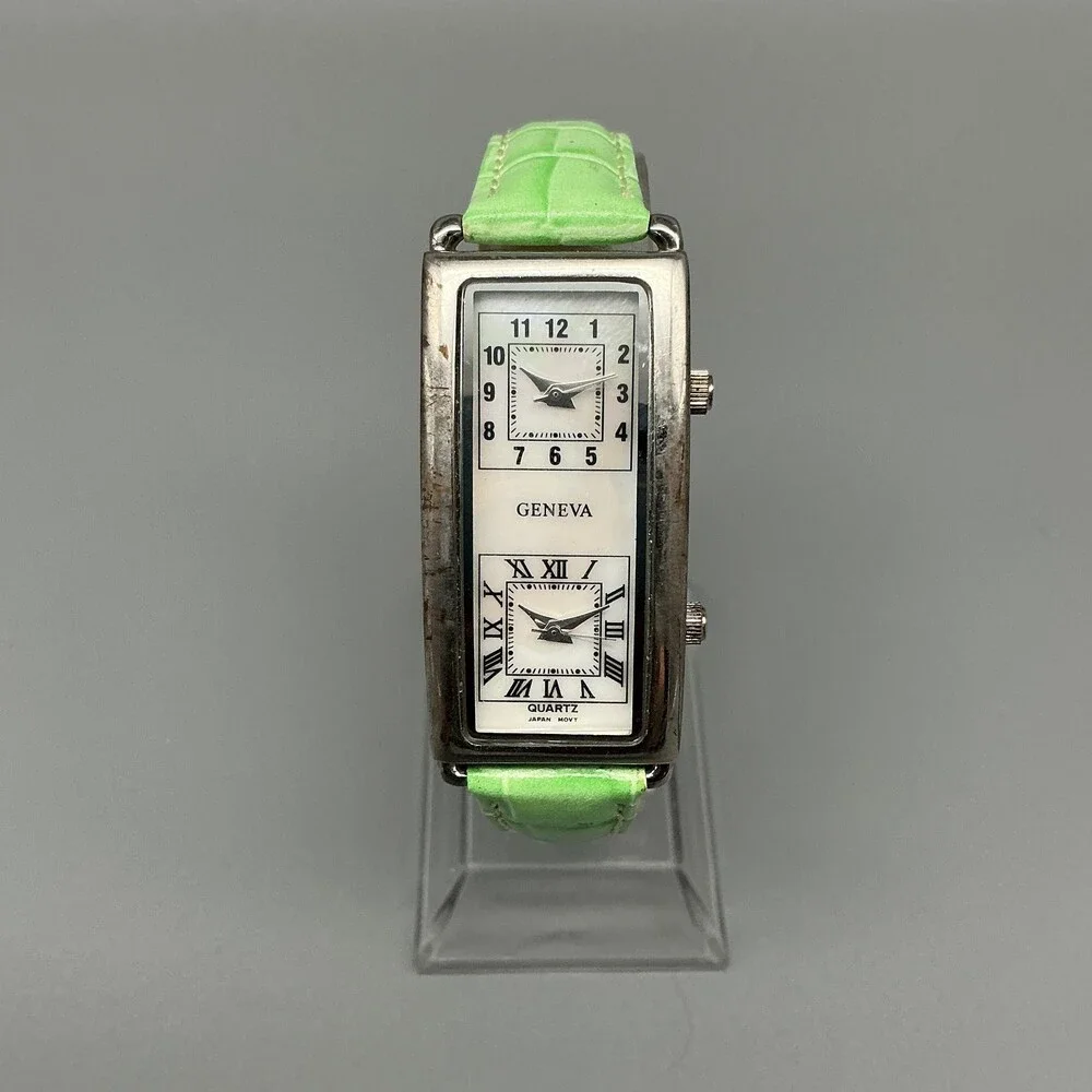 Geneva Womens Watch 21mm White MOP Dual Time Dial Green Leather New Battery